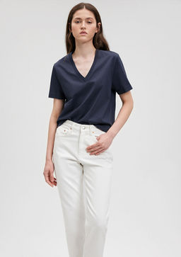 Pamuklu Merserize V Yaka Mavi Basic Tisort  фото 2