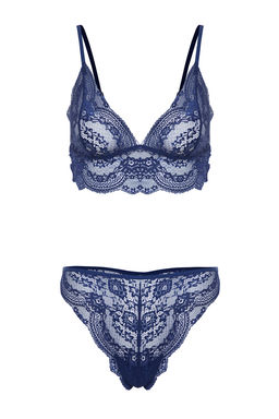 Lacivert Dantelli Ip Ask?l? Balensiz Kaps?z Orme Ic Camas?r? Tak?m? THMSS24CC00030