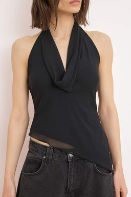 Siyah Degaje Yaka Asimetrik Kesim Tul Party Bluz TPRSS26BZ00029