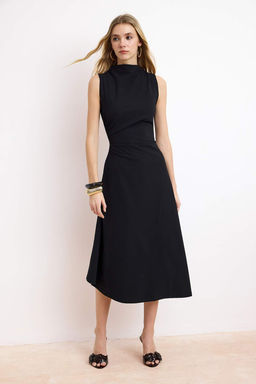 Siyah A-Kesim/Can Form Asimetrik Kolsuz Buzgulu Midi Paper Touch Orme Elbise TWOSS26EL00156