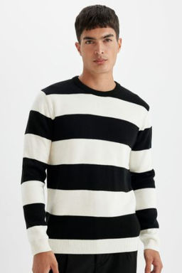 Standart Fit Normal Kesim Bisiklet Yaka Cizgili Triko Kazak