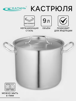 Кастрюля Катунь «Общепит», 9 л, d=24 см, с крышкой, капсульное дно, индукция, нержавеющая сталь, хромированный