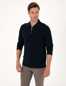 Lacivert Slim Fit K_vr_lmaz Fermuarl_ Polo Yaka Basic Pike Sweatshirt