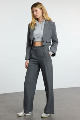 Gri Wide Leg Genis Paca Pileli Dokuma Pantolon TWOAW25PL00105