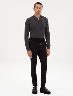 Siyah Slim Fit Beli Lastikli Kordonlu Jogger Kanvas Pantolon