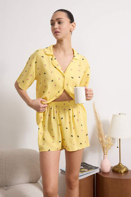 Lacivert Cicek ve Kurdele/Fiyonk Desenli Viskon Dokuma Pijama Tak?m? THMSS26PT00041