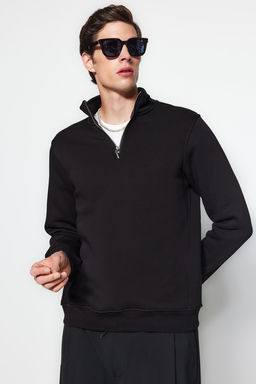 Siyah Regular/Normal Kesim Dik Yaka Fermuarl? Pamuklu Basic Ici Polarl? Sweatshirt TMNAW24SW00041