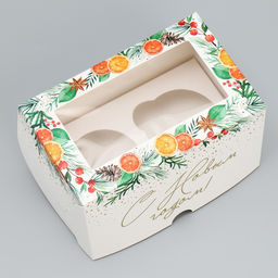 Цена за 5 шт. Коробка складная на 2 капкейка с окном «С Новым годом!», мандарины, 10×16×10 см