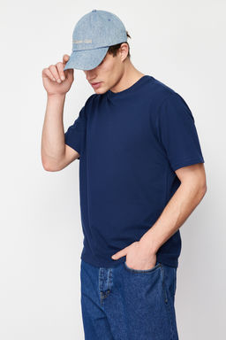 Lacivert Oversize/Genis Kesim %100 Pamuklu Triko Dokulu T-Shirt TMNSS24TS00157