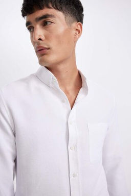 Текстурированная рубашка с длинными рукавами и воротником-поло приталенного кроя - Defacto фото 4