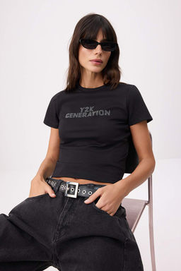 Siyah Slogan Fitted/Vucuda Oturan K?sa Kollu Pamuk Ribana Orme T-Shirt TWOSS26TS00129