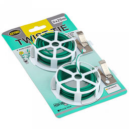 Шнур для подвязки растений, для скрепления проводов, завязывания пакетов и других мелких бытовых нужд 2х20м, на пластиковой катушке, с ножом, мягкая металлическая проволока, полиэтилен, на картоне, цвет зеленый (Китай)