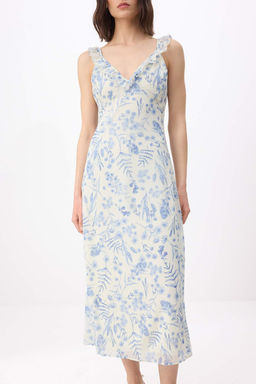 Beyaz-Mavi Cicekli Sifon Astarl? Midi Dokuma Elbise TWOSS26EL00223 - Trendyolmilla фото 3