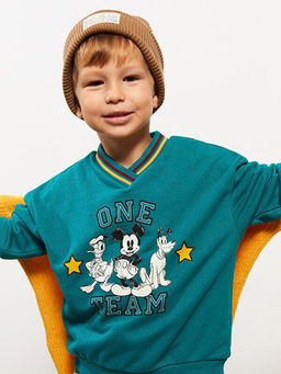 V Yaka Uzun Kollu Mickey Mouse Bask?l? Erkek Bebek Sweatshirt
