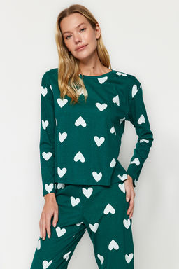 Zumrut Yesili %100 Pamuklu Kalpli Orme Pijama Tak?m? THMAW21PT0566
