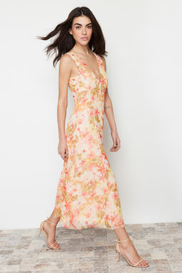 Cok Renkli Cicekli Cicek Bask?l? V Yaka Tul Esnek Orme Elbise TWOSS24EL00384