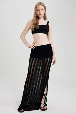 Черная длинная юбка узкого кроя с разрезом, связанным крючком - Defacto фото 2