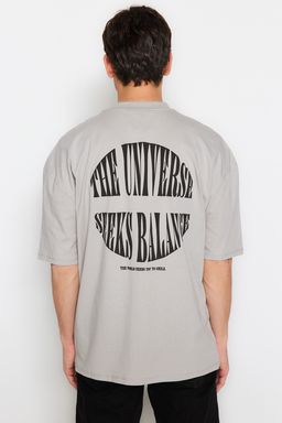 Trendyolmilla Man Gri Oversize Kabar?k Yaz? Bask?l? %100 Pamuklu T-Shirt TMNSS23TS00190