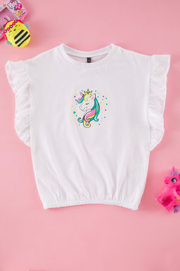 Ekru K?z Cocuk %100 Pamuk Unicorn Bask?l? Regular Kal?p F?rf?rl? Kolsuz Orme T-Shirt TKDSS25TS00034 - Trendyolmilla фото 4