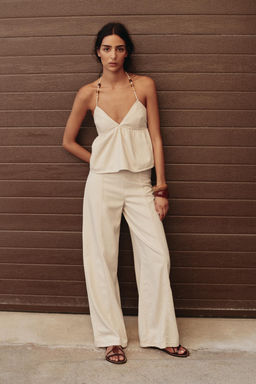 BEADED DENIM HALTER TOP