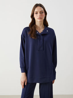 Dik Yaka D?z Oversize Kad?n Sweatshirt Tunik