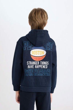 Темно-синий толстый свитшот обычного кроя с капюшоном и принтом на спине для мальчиков - Defacto фото 6