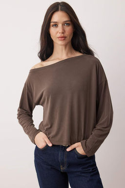 Kahverengi Modall? More Sustainable Kay?k Yaka Relaxed/Rahat Kesim Orme Bluz TWOAW25BZ00282