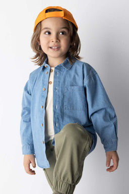 Джинсовая рубашка с длинными рукавами и принтом на спине для маленьких мальчиков - Defacto фото 2