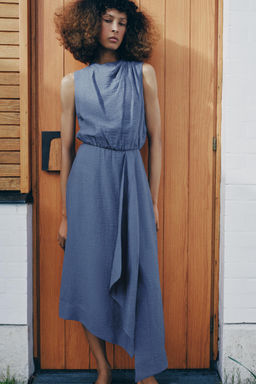 VESTIDO MIDI MANGA SISA CON LINO / Azul lavado