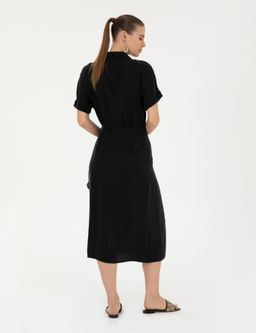 Siyah Comfort Fit Dokuma Elbise