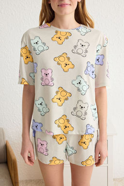 Trendyolmilla Ekru %100 Pamuklu Ay?c?kl? Sortlu Orme Pijama Tak?m? THMSS24PT00072  фото 25