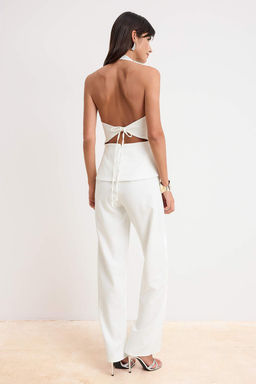 Ekru Duz V Yaka Kolsuz Dokuma Finike S?k/Gece Tulum