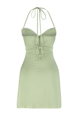 TRENDYOLMILLA Ac?k Yesil A-Kesim Cicek Detayl? Orme K?sa S?k Abiye Elbise TPRSS24EL00107