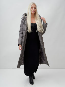 Пальто утепленное стеганное зимнее с капюшоном женское темно-серого цвета 9606TC