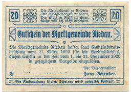 20 геллеров 1920 года Австрия Ридау (нотгельд)