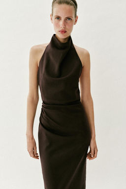VESTIDO MIDI HALTER CON LINO / Marr?n oscuro - Zara фото 2