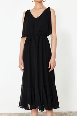 Trendyolmilla Siyah A Kesim Beli Lastikli Sifon Astarl? Maxi Dokuma Elbise TWOSS24EL00804  фото 4
