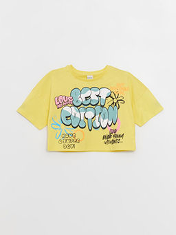 Bisiklet Yaka Bask?l? K?sa Kollu K?z ?ocuk Crop Ti??rt