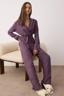 Trendyolmilla Bej Kusakl? Biye Detayl? Kruvaze Viskon Hamile Dokuma Pijama Tak?m? THMAW22PT1109  фото 46