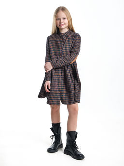 Платье для девочки в клетку с заплатками на рукавах UD 7863 син-горчица клетка - Mini maxi фото 8