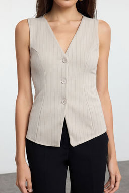 Vizon Cizgili Regular/Normal Boy V Yaka Dugmeli Esnek Orme Yelek TWOAW25YE00091