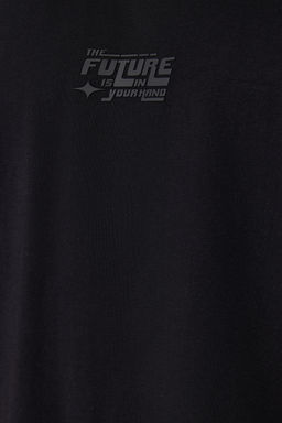 Siyah Oversize/Genis Kesim Kabar?k Yaz? Bask?l? Etiketli T-Shirt/Atlet TMNSS24AL00005