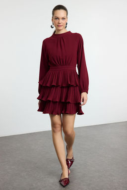 Bordo Skater/Belden Ac?lan Piliseli Dik Yaka Mini Dokuma Elbise TWOAW25EL00253