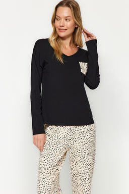 Trendyolmilla Siyah-Cok Renkli %100 Pamuklu Leopar Desenli Tshirt-Pantolon Orme Pijama Tak?m? THMAW24PT00209