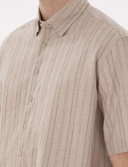 Haki Keten Kar___ml_ Oversize Rahat Kesim K_sa Kollu G_mlek