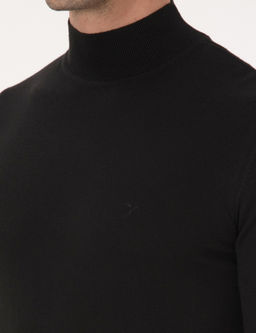 Siyah Slim Fit Pamuk Kar___ml_ Yar_m Bal_k__ Yaka Basic Triko Kazak