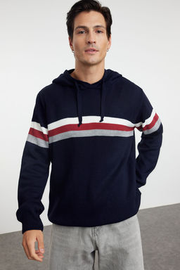 Lacivert Slim Dar Kesim Kapusonlu Cizgili Triko Kazak TMNAW21KZ0517