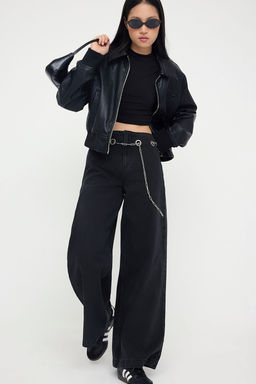 Teen Siyah Yuksek Bel Aksesuar Detayl? Genis Paca Wide Leg Jeans TWOAW26JE00040