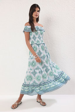 Yesil Cicekli A Kesim Gipe Detayl? Maxi Dokuma Elbise TWOSS25EL00195 - Trendyolmilla фото 2