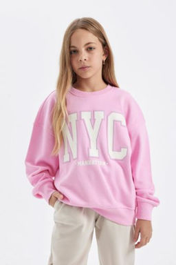 K?z Cocuk Pembe Oversize Genis Kal?p Bisiklet Yaka Bask?l? Okul Sweatshirt